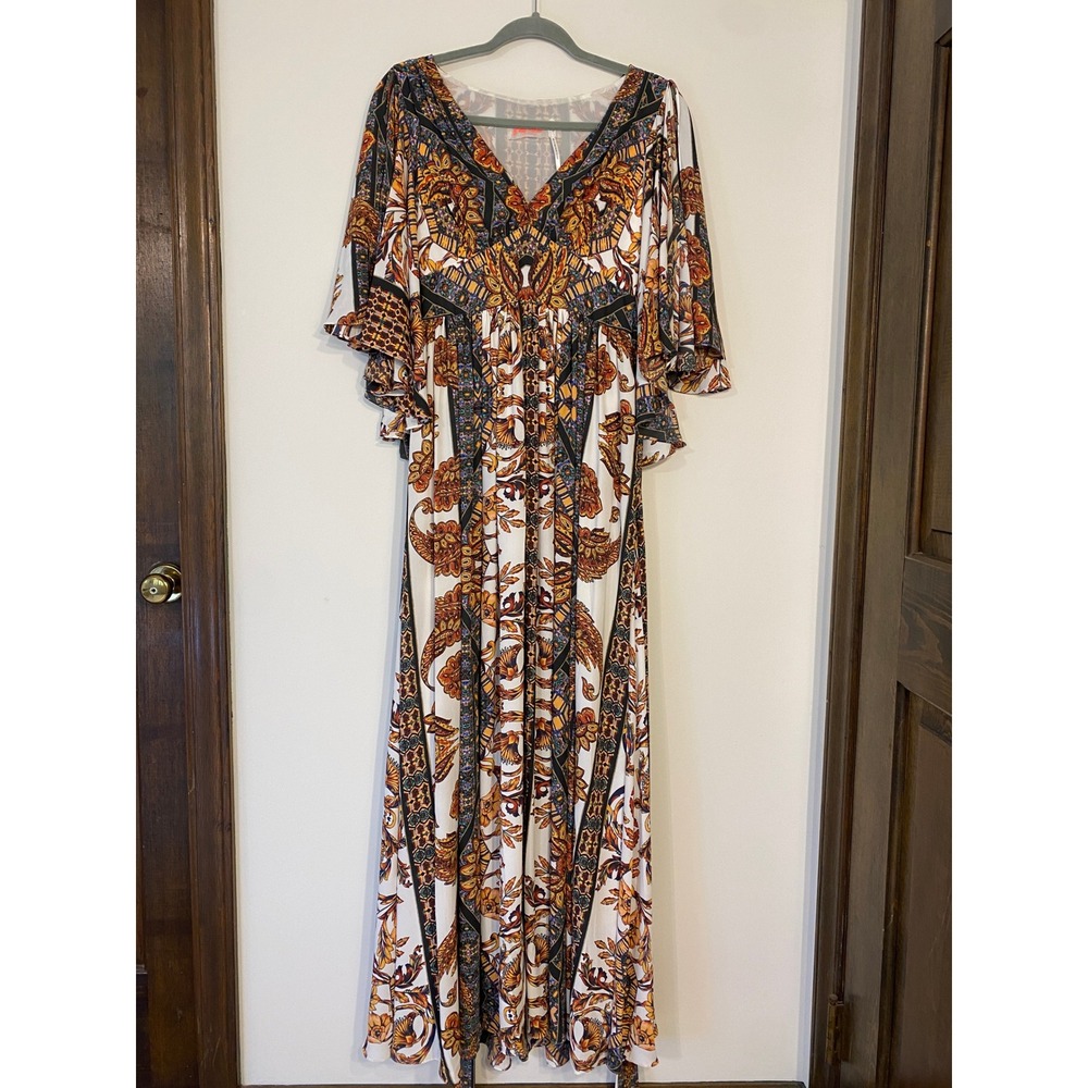 Free People Boho Paisley Floral Maxi Dress Orange Black White Butterfly Sleeve 2 - Picture 2 of 10